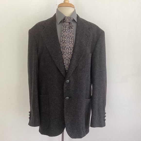 VTG Executive Collection Brown Gray Tweed Leather Button Suede Elbow Patch Coat - Picture 2 of 16